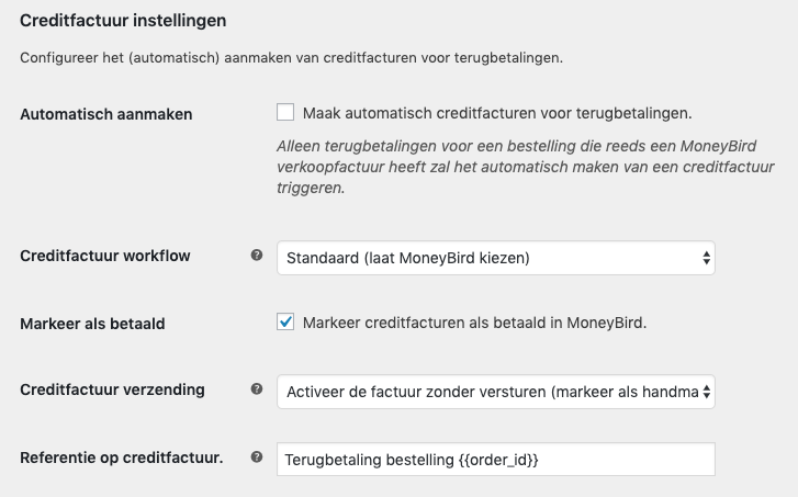 WooCommerce Moneybird credit invoice settings