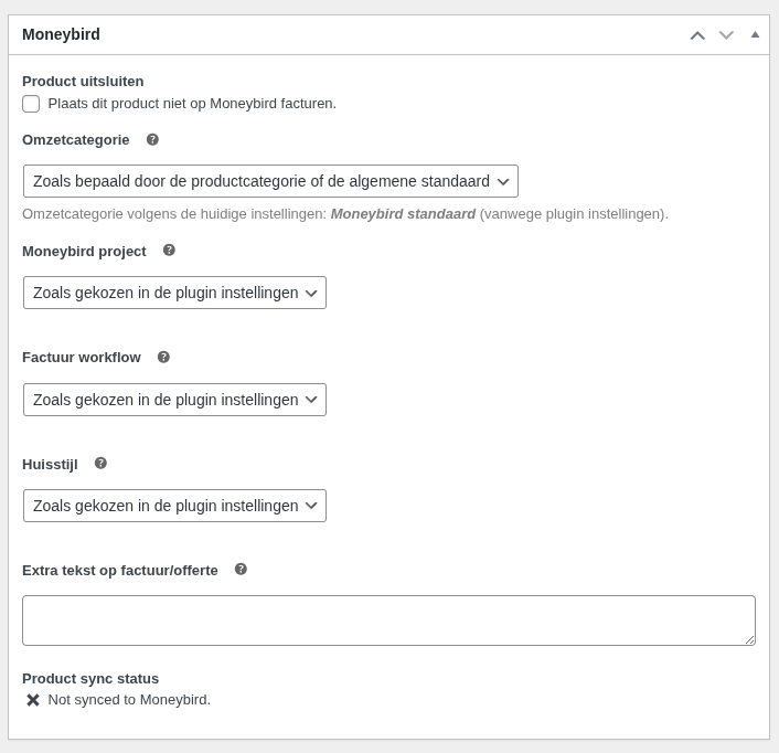 Moneybird settings for WooCommerce products